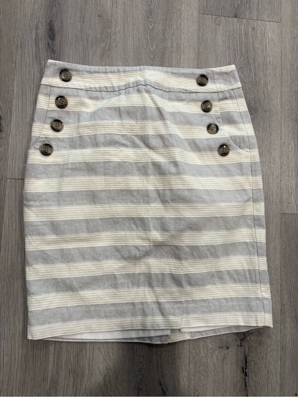 LOFT Cream and Light Gray Striped Button-Front Pencil Skirt